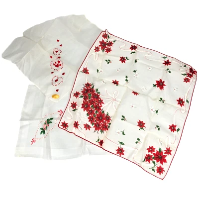 Christmas 3 Handkerchiefs Valentines Day Hankie Poinsettia Heart White Red 1960s - Image 1 of 4