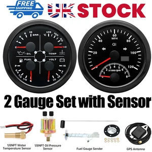 2 Gauge Set with Sensor 85mm GPS Speedometer 120MPH W/Tacho/Fuel/Oil/Temp/Volt - Picture 1 of 17