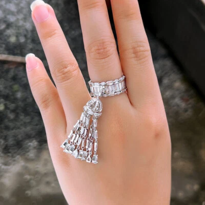 Dazzling Silver Plated Cubic Zircon Long Tassel Charm Dangle Rings Women Jewelry - Image 1 of 4