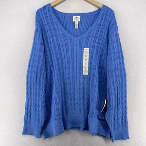 ST JOHNS BAY Sweater 5X Cable V-Neck Pullover Cotton Blend Blue NEW - Picture 1 of 14