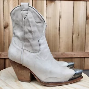 Free People Brayden Western Boot Womens 8 38 Leather Pewter Etch Tip Ivory Bone - Picture 1 of 13