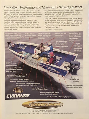 Barco de pesca Crestliner 1998 anuncio impreso con fueraborda Evinrude de colección innovación de los años 90 Foto 1 de 4