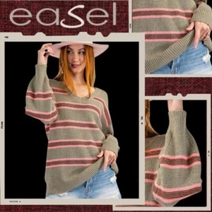 EASEL Size S-L Lux Soft Tunic-Style Long Sleeve Slouchy Wide V-Neck Sweater Top - Picture 1 of 12