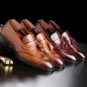 Zapatos informales de cuero con punta en punta buey vestido plano borla Oxford sin cordones para hombre - Imagen 1 de 9