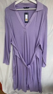 NEW M&S Plus Sz 24 Ribbed Stretch Lilac Column Dress V Neck  Collared Tie Front - Picture 1 of 6
