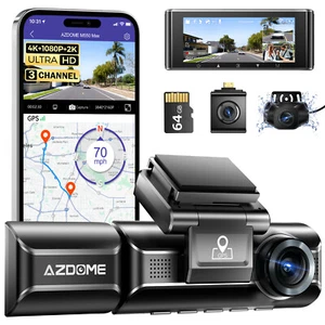 AZDOME 3 Channel Dash Cam 4K+1080P+2.5K WiFi GPS Front Cabin Rear Cameras 64GB - Picture 1 of 14