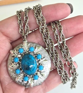 Collar Medallón Vintage Imitación Turquesa Tono Plata 24" Cuerda Cadena Resorte Anillo - Imagen 1 de 8