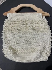 Vintage Handmade Crocheted Purse Handbag Ivory Silky Yarn - Picture 1 of 9
