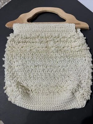 Bolsa de mão vintage feita à mão de crochê fio de seda marfim - Imagem 1 de 4