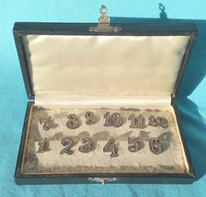 CONTINENTAL ART DECO SILVER PLACE NUMBERS 1-12 DRINK MARKERS IN BLACK BOX - Picture 1 of 8