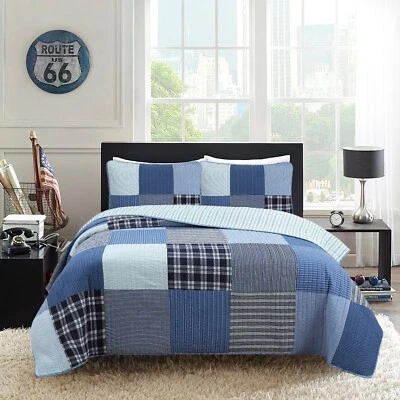 Navy Klein Blue Plaid Stripe Tartan Patchwork Cotton Reversible Quilt BeddingSet - Image 1 of 4