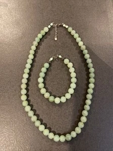 Vintage Sterling Silver Jade Beads Necklace Bracelet Set - Picture 1 of 6