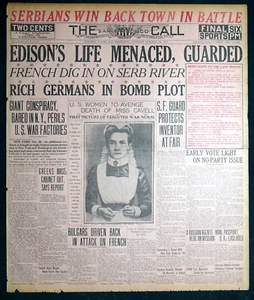 1915 Newspaper Front Page - Thomas Edison's Life Threatened, Edith Cavell - Picture 1 of 3