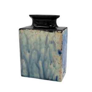 Rectangle Vase 6"  Blue Red Colors on Black and White Vase signed READ SEE PICS - Picture 1 of 15