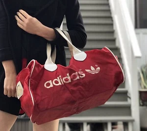 Vintage 80s Adidas Nylon Duffle Bag Red w/ White Trefoil RARE - Picture 1 of 12