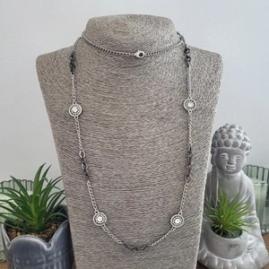 Long Silver Tone Chain Necklace Round Rhinestone Discs Costume Jewellery - Picture 1 of 4