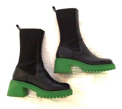 BOTAS STEVE MADDEN Cuero Negro Plataforma Vacilante Chelsea Medio VERDE Gruesas 6.5 Foto 1 de 4