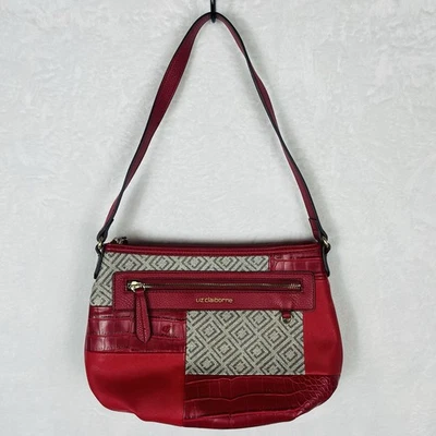 Liz Claiborne Purse Jess Top Zip Red Brown Patchwork LC Shoulder Bag Handbag - Image 1 of 4