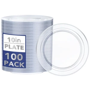 100PCS Clear Silver Plastic Plates, Clear Plates with Silver Rim, 10 Inch Din... - Picture 1 of 8