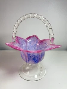 Vtg Art Glass Tulip Shaped Pink Purple Swirl Basket Braided Handle FREE SHIPPING - Picture 1 of 13