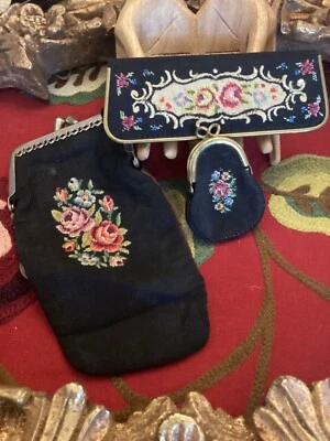 Antiguo FUNDA GAFAS SEDA PETIT POINT, cambio monedero y estuche espejo Foto 1 de 4