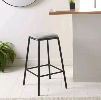 Black Metal Barstool With Grey Cord Fabric Cushion High Stool For Dining/Kitchen - Image 1 of 4