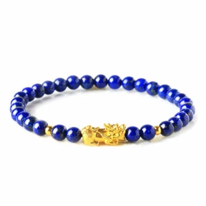 24K Yellow Gold Bracelet 3D Charms Pixiu Dragon Son with Lapis Lazuli Bead - Picture 1 of 3