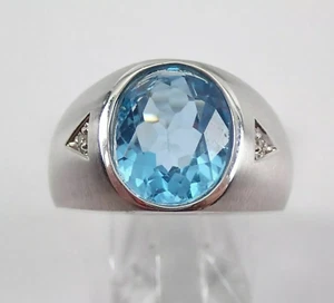 5 Ct Oval Cut Simulated Aquamarine Men's Engagement Ring 14K White Gold Plated - Picture 1 of 11
