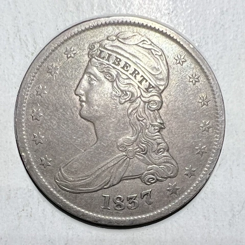 1837 Reeded Edge Capped Bust Half Dollar Major Die Breaks grades at AU see pics Cover