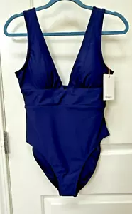 Quince Women's Italian Plunge One-Piece Swimsuit Deep Navy Blue Large Beachwear - Picture 1 of 10
