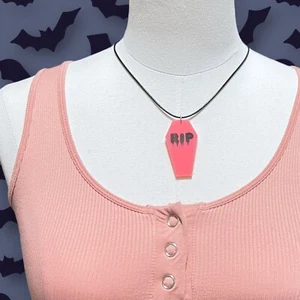 RIP Coffin Halloween Necklace - Pink Pastel Goth - Rest In Peace - Picture 1 of 3