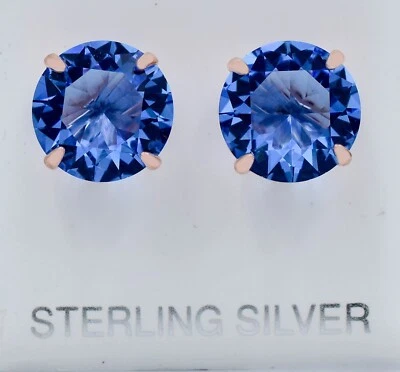 LAB CREATED  13.74 Cts TANZANITE  STUD EARRINGS .925 Silver -12 mm- ROSE FINISH - Image 1 of 4
