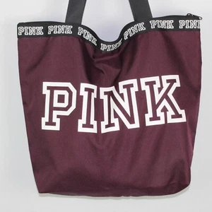 Victoria Secret Pink Tote Burgundy Wine w White Print 14"x15" Weekend Beach Bag - Picture 1 of 4