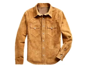 Men's Suede Leather Shirt Western Style Casual Real Suede Jacket All Sizes - Picture 1 of 3