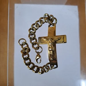 Bracciale Crocifisso Croce Tono Oro Acciaio Inox Rocawear Lungo 8,75" - Foto 1 di 9