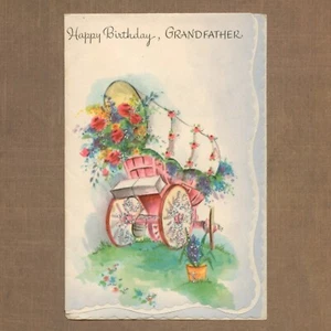 Tarjeta de felicitación de amistad vintage sin usar FELIZ CUMPLEAÑOS ABUELO, carro de flores - Imagen 1 de 6