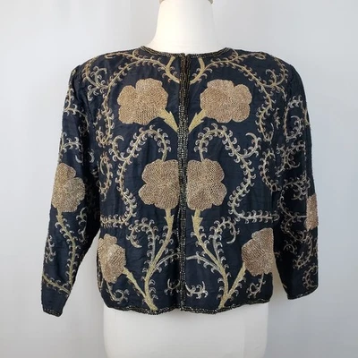 Chaqueta de Noche Vintage Starlight XXL Negra Seda Dorado Cuentas Bordada Hecha a Mano Foto 1 de 4