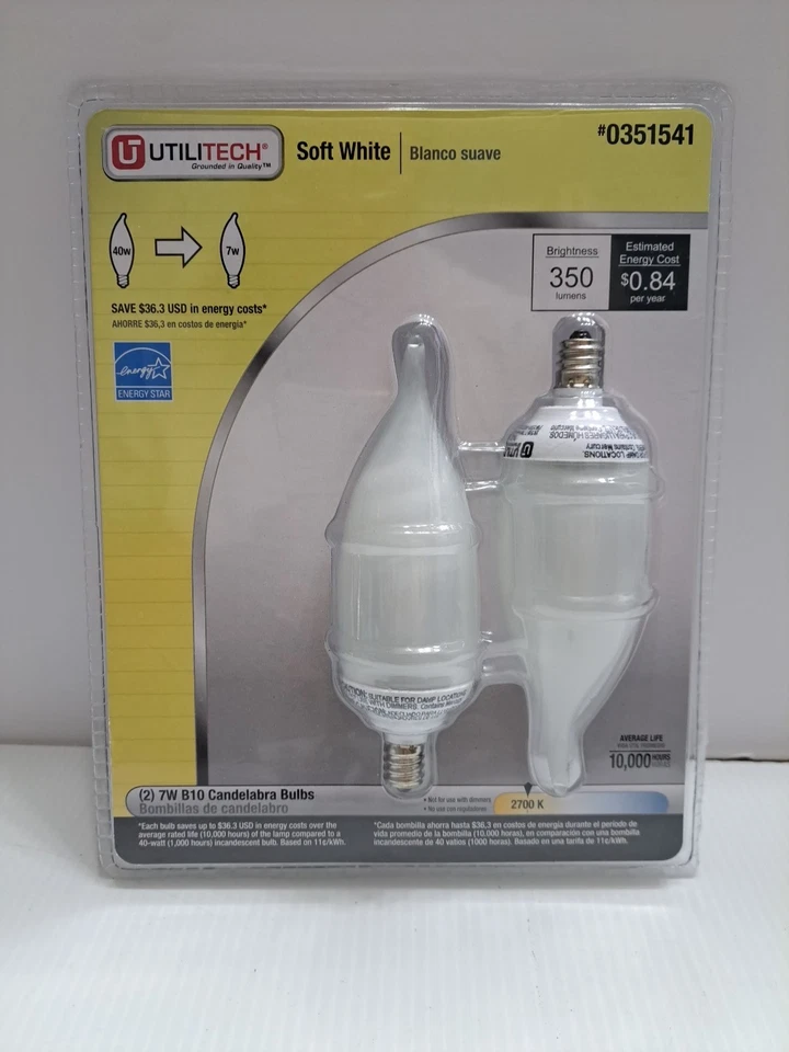 Utilitech Soft White (2) 7W B10 Candelabra Bulbs 2 Pack #0351541 - Image 1 of 2