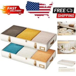 Elegant Under Bed Storage Containers, 6" Tall, 2-Pack, Beige & Leather Handles - Picture 1 of 10