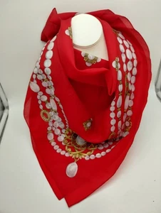 Bellissima sciarpa rossa vintage anni 80 donna collo testa 34" x 34" design gioielli - Foto 1 di 5