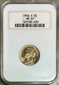 1946-S Jefferson Nickel, NGC MS-67, Old Fatty Holder, Golden Toning! - Picture 1 of 2