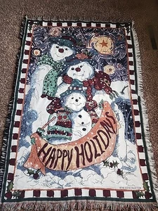 Tapestry Throw Blanket Christmas Snowman Family North Star Happy Holidays Edith - Picture 1 of 4