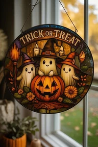 Trick or Treat Buntglas Sonnenfänger, Halloween Deko mit süßen Geistern - Bild 1 von 4