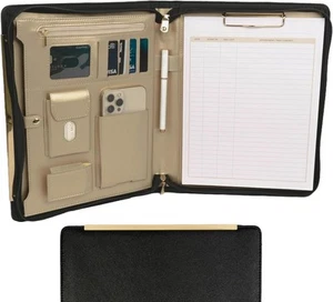 Portfolio Binder - Black Vegan Leather Padfolio for Women -Folder with Gold Trim - Picture 1 of 7