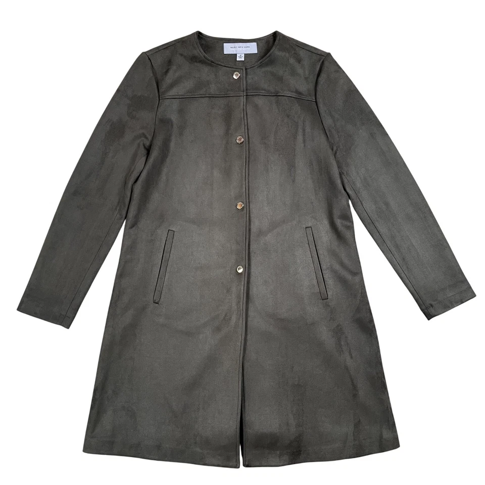 Casaco longo Andrew Marc New York verde floresta camurça botão de pressão tamanho médio - Imagem 1 de 4