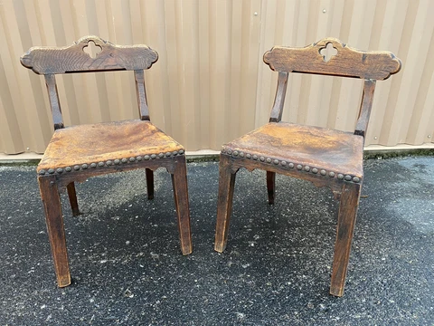 Pair 2 Oak Chairs French Gothic Leather Spanish Revival Hand Made Great Patina Cover