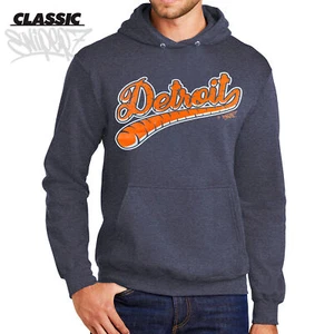 Detroit Tiger Tail Baseball Script Heather Navy Classic Hoodie Tigers Mlb 313 D - Picture 1 of 3