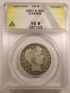 1907-D Barber Half 50c ANACS Good VG 8 Details - Picture 1 of 4