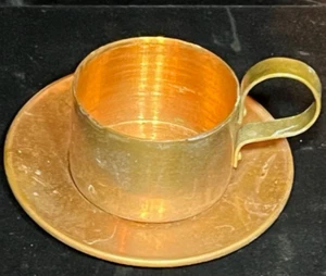 Small Vintage Copper Cup and Saucer 1-3/4" Diameter Cup Brass Handle - Picture 1 of 4