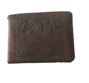 Vintage antike Leder Geldbörse Brieftasche handbesetzt geschnürte Kanten graviert - Bild 1 von 12